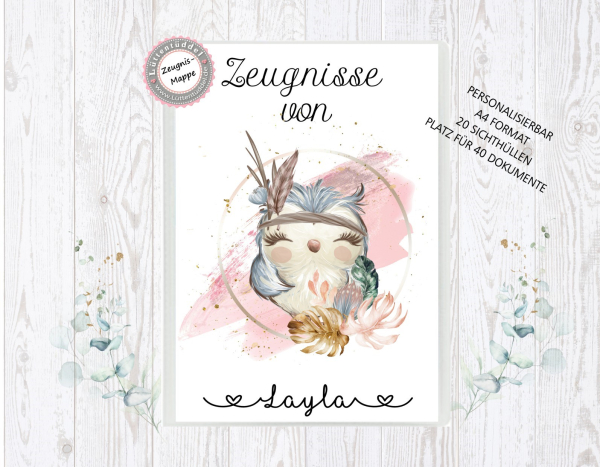 zauberhafte Zeugnismappe Sammelmappe Eule  Name personalisiert  Einschulung Schulkind Zeugnisse Lüttentüddel®